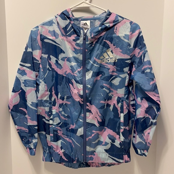 Adidas Girl’s Size Medium (10/12) Blue Camouflage Lightweight Zip Up Jacket - Picture 2 of 9